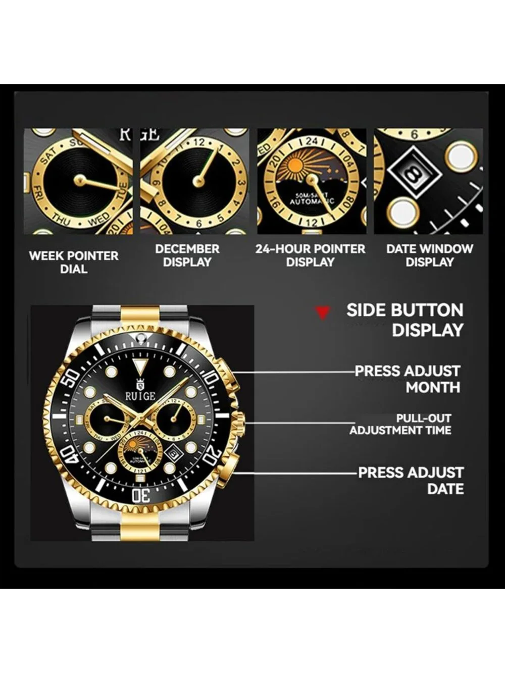 Men's Black Two-Tone Gold Steel Mechanical Waterproof Luminous Wrist Watch